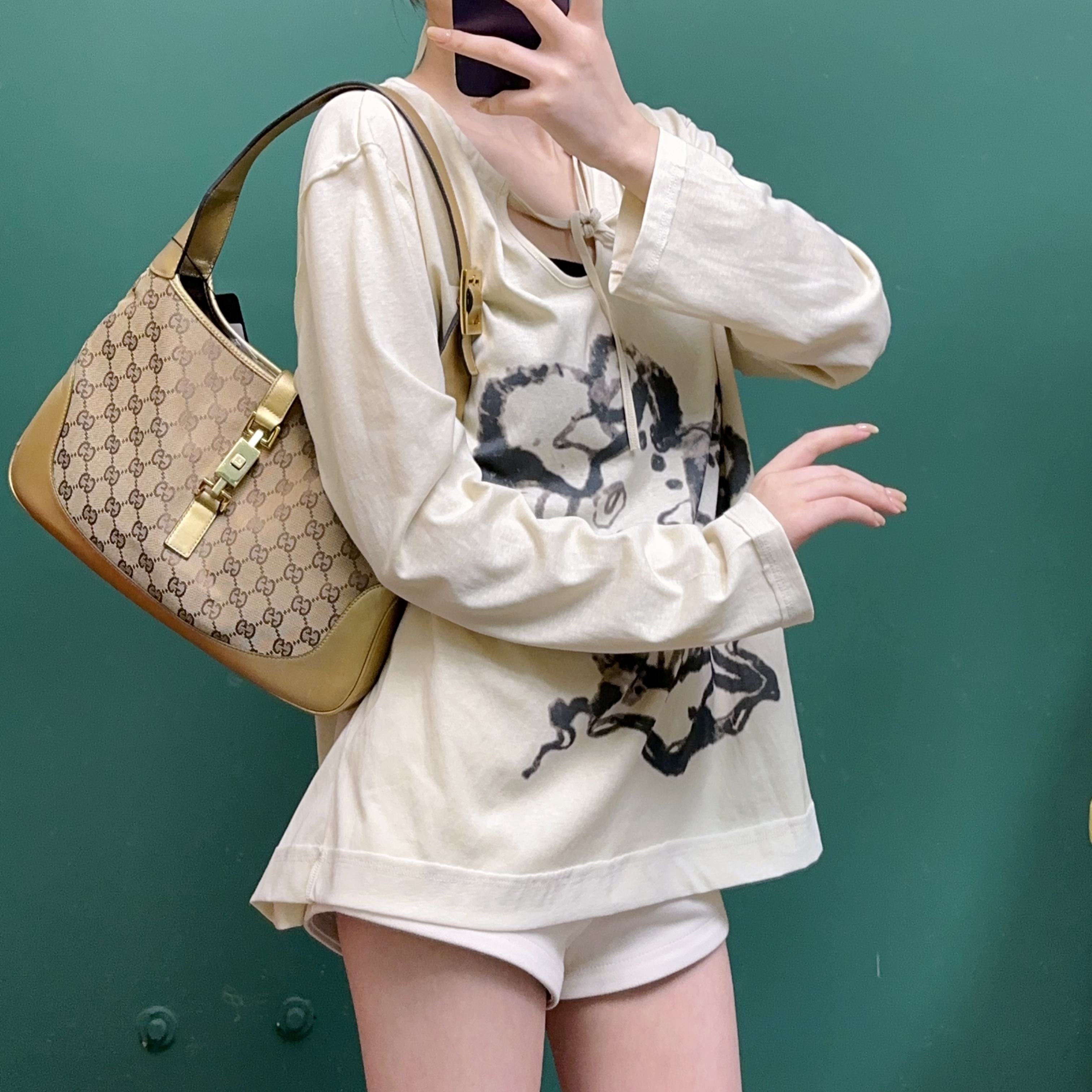 95新 GUCCI/古驰 Jackie香槟色单肩腋下包 TH700