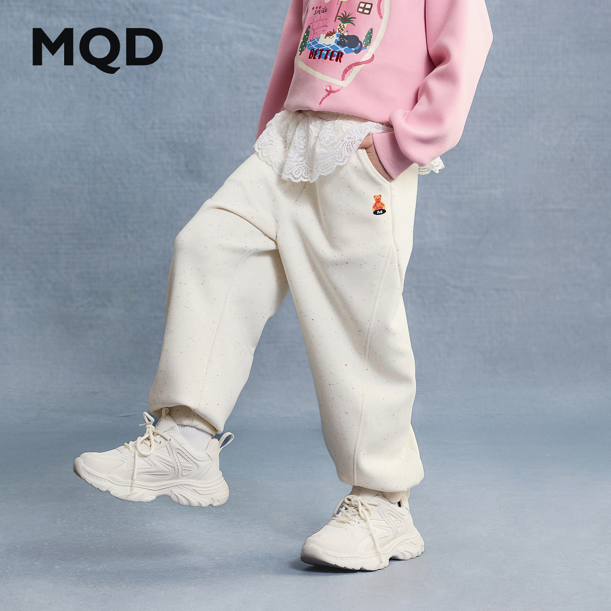 MQD女童25秋新款街潮宽松束脚裤分割设计运动休闲针织裤6653W1601