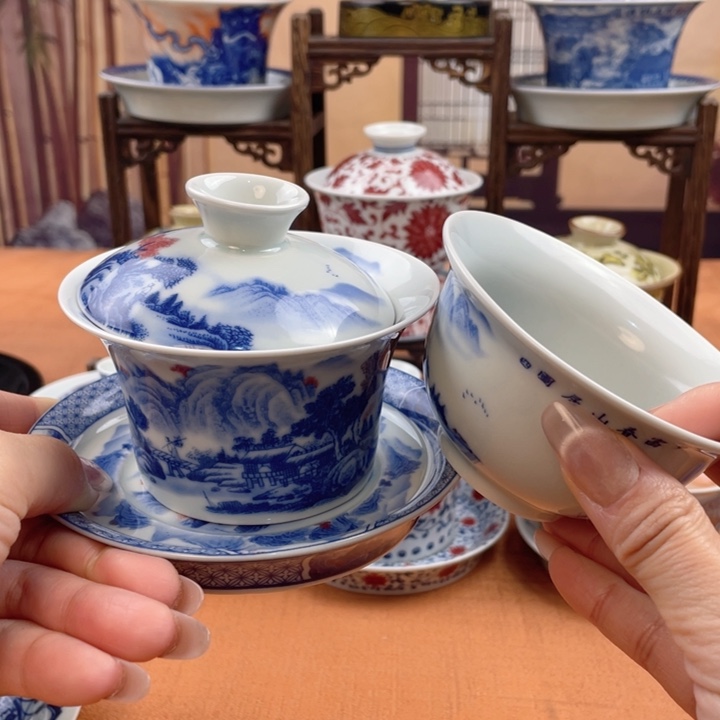 旧***风陶摆件富春山居图马蹄盖碗*压手杯