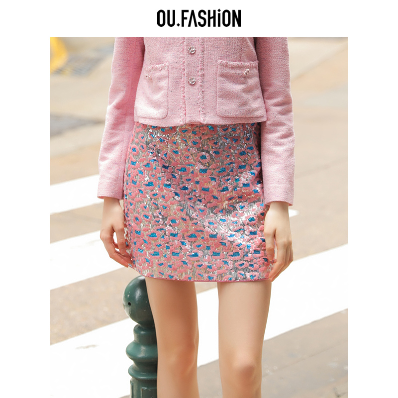 OU.FASHION/欧点复古精致豹纹珠片半身裙包臀短裙1112430025