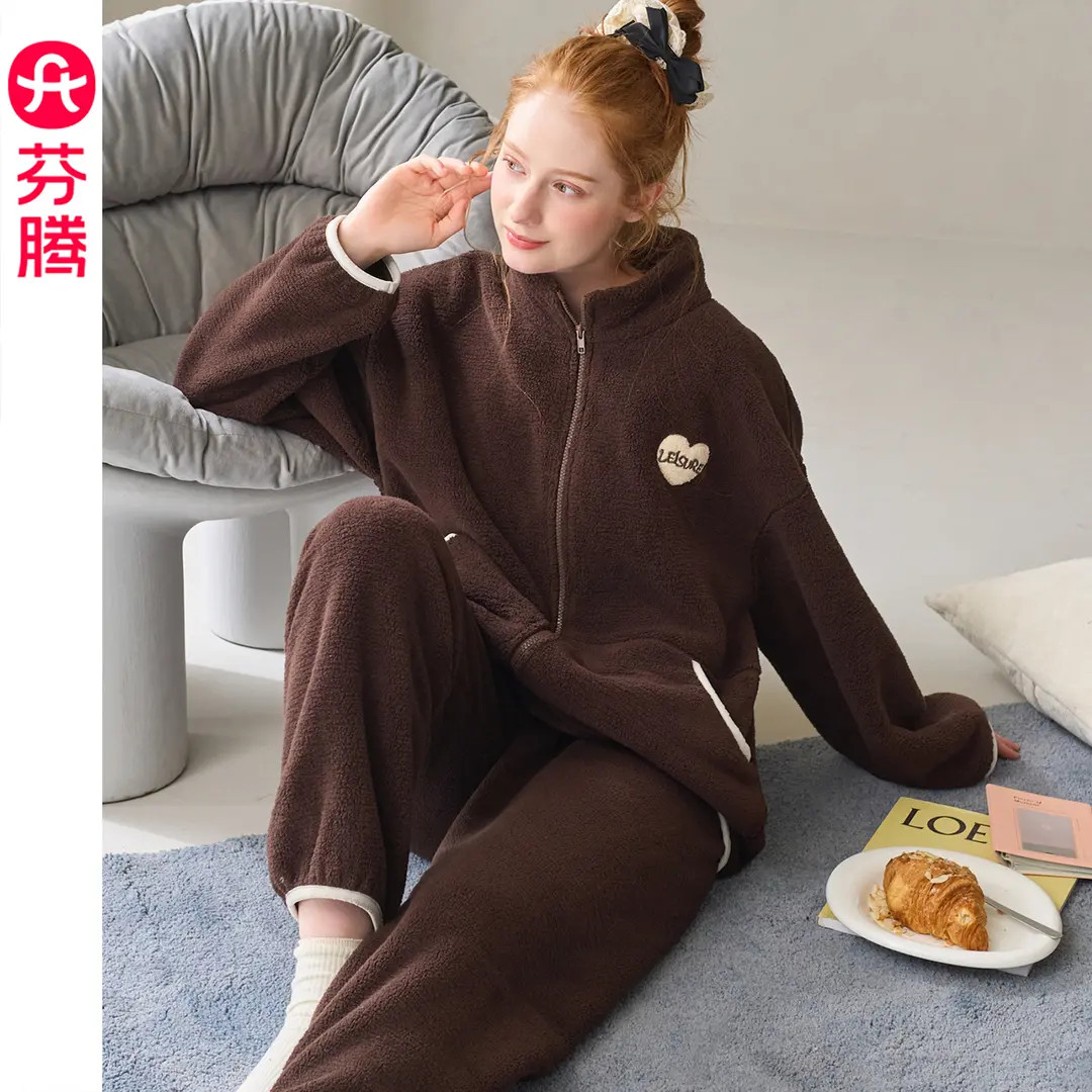 芬腾女士珊瑚绒睡衣秋冬季新款加绒加厚女款法兰绒休闲家居服套装