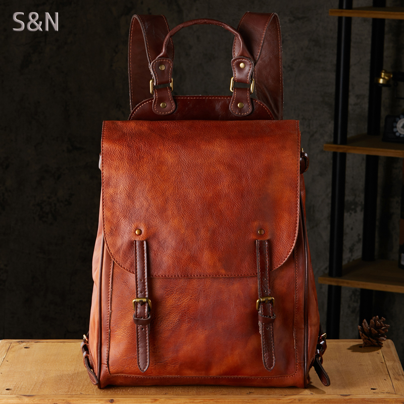 原创手工植鞣牛皮背包大容量男士真皮欧美风休闲双肩包撞色新款潮