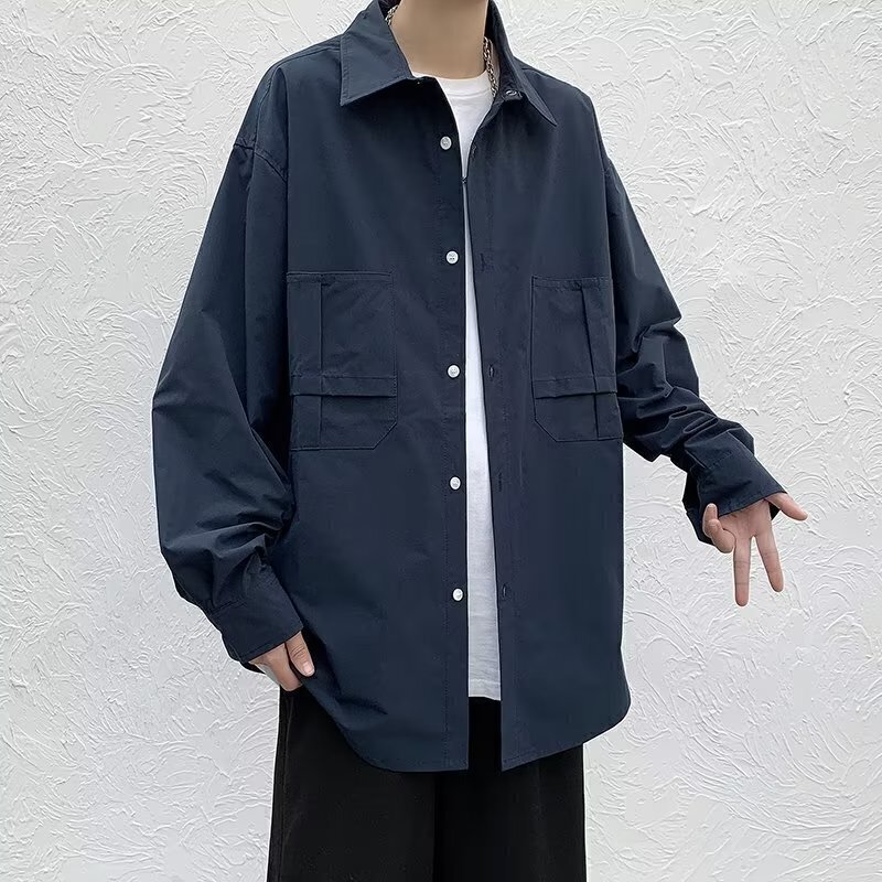 C72日系简约长袖衬衫男女春秋款港风潮流百搭休闲衬衣潮