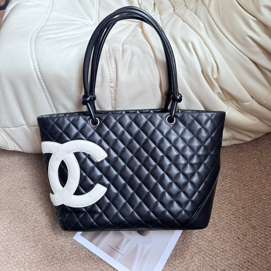 95新 Chanel/香奈儿 Chanel 黑白 牛皮 康鹏菜篮子大号/606099634