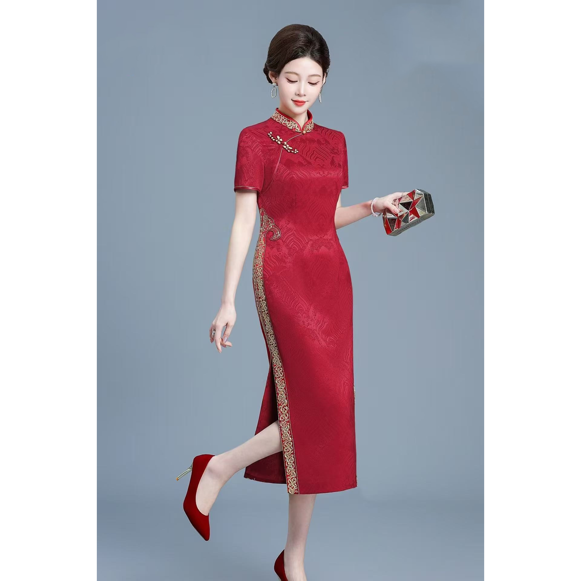 婚礼妈妈婚宴旗袍礼服连衣裙改良中长款醋酸缎喜婆婆敬酒裙