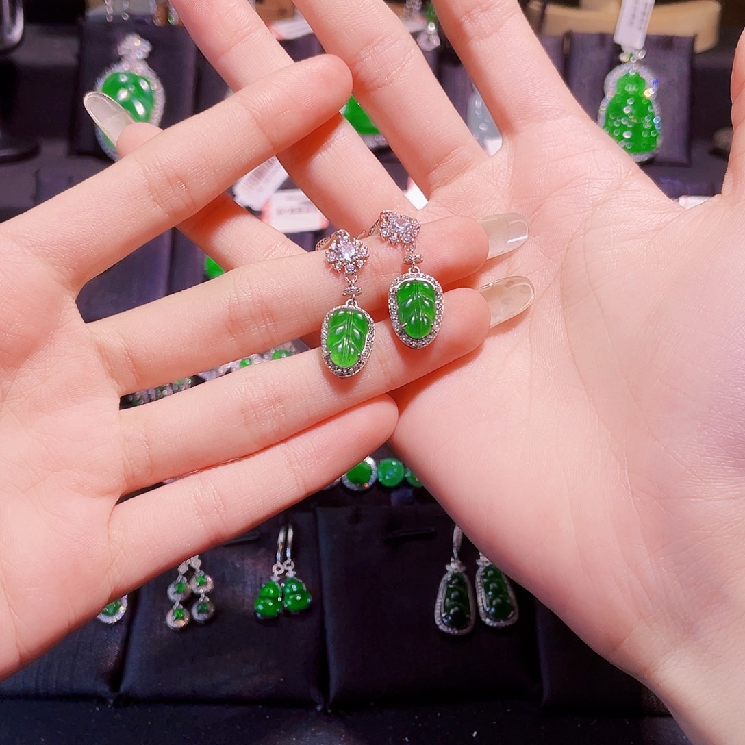 十***行翡翠银S925镶嵌耳坠叶子