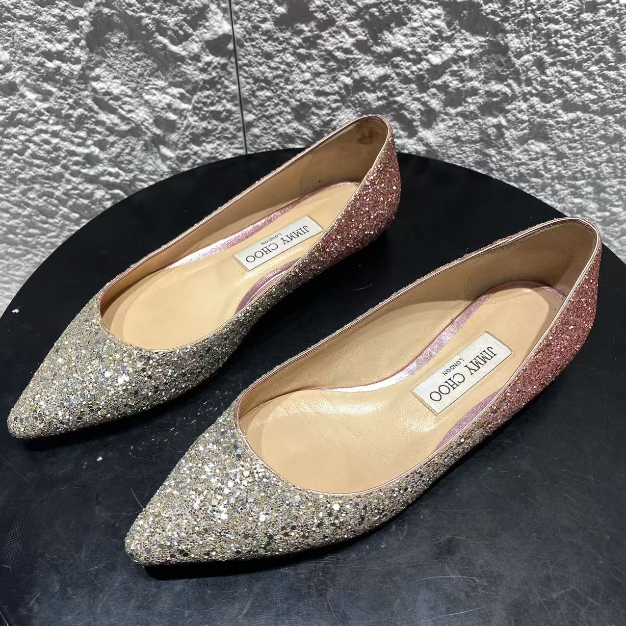 99新 JIMMY CHOO/吉米周 37码/Seven女鞋/粉银色渐变亮片单鞋1220