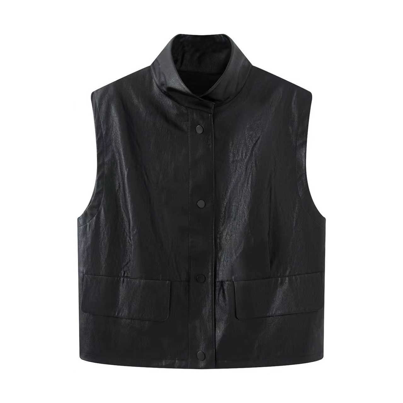 艾诺丝商场同款2025秋装新款黑色立领无袖pu皮马甲外套女AR153110