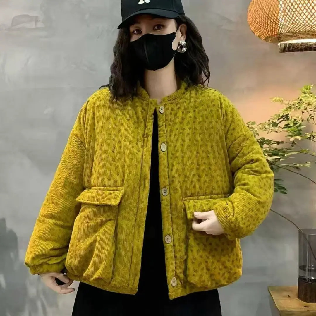 冬季新款大口袋减龄棉服时尚短款复古灯芯绒印花加绒保暖花棉袄女