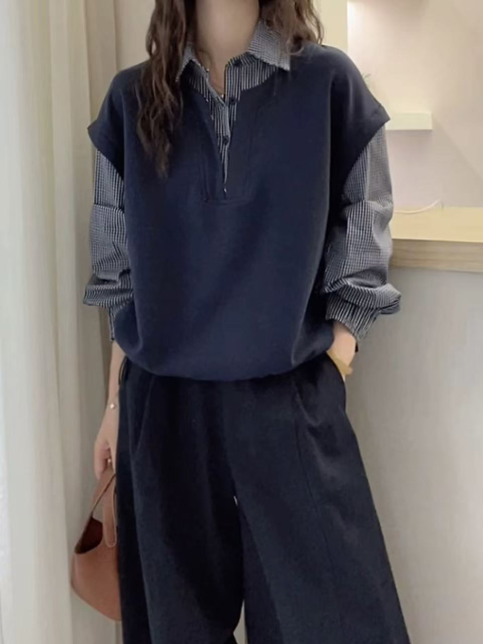 韩版宽松显瘦百搭休闲复古格子衬衫女2025秋季假两件工装长袖上衣