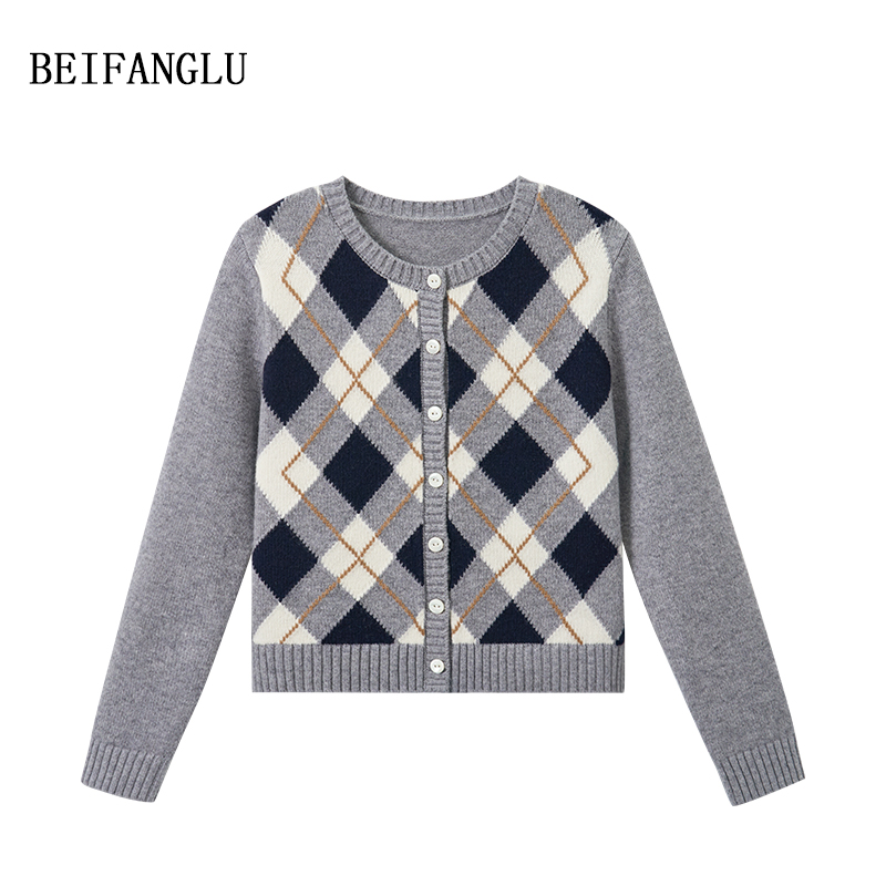 北方鹿【100%绵羊毛】M*系气质学院风菱格提花针织短款开衫女251429