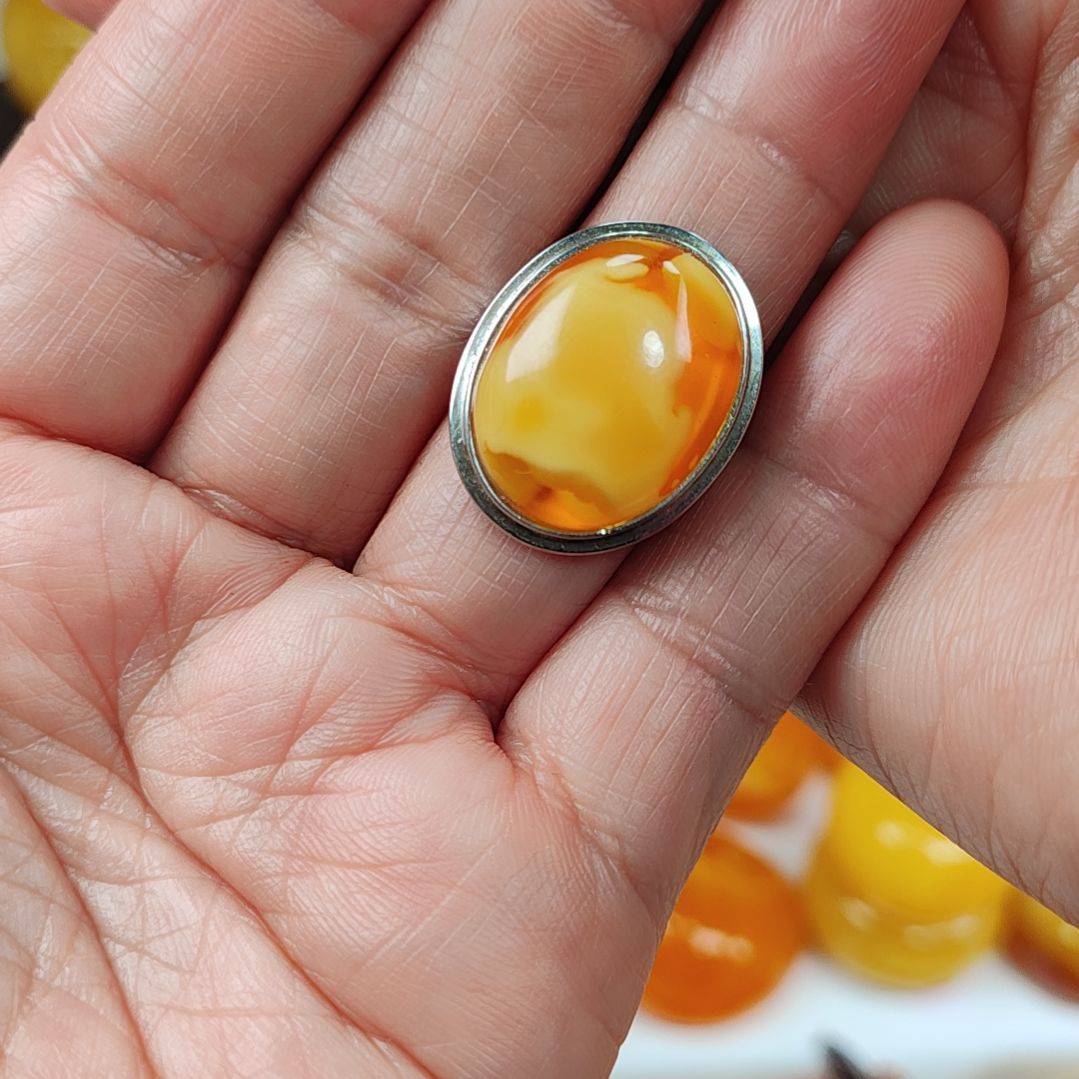 琥珀戒指银S925镀金镶嵌