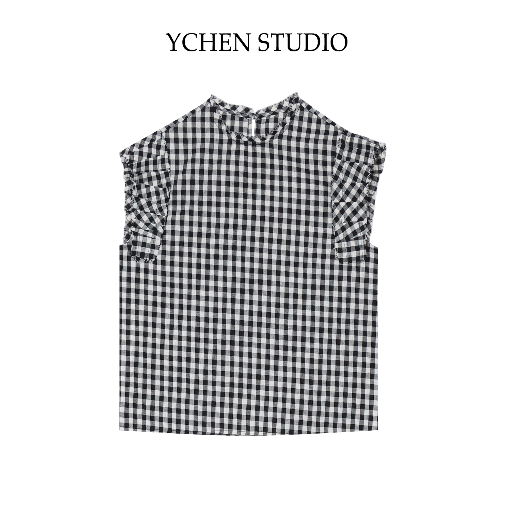 YCS【池荷】夏季新款宽松显瘦法式小衫圆领格子飞飞袖破边上衣W1806