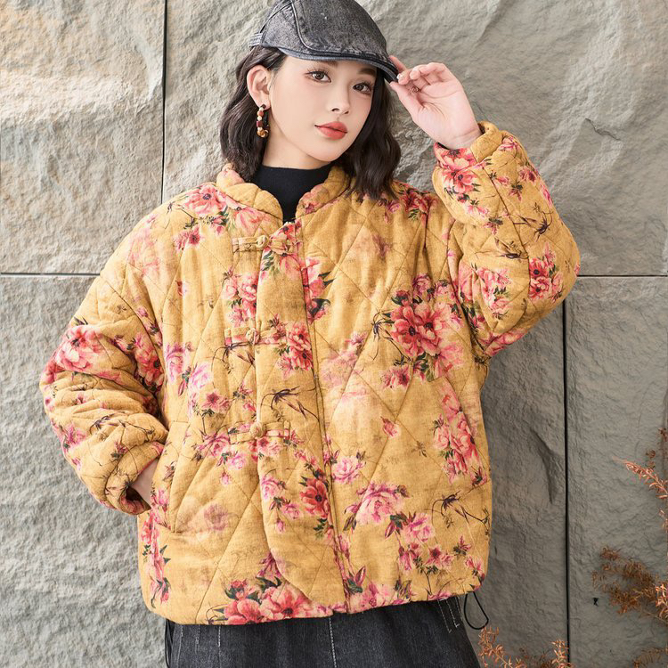 复古民族风加绒加厚立领短款棉衣外套冬季新款宽松保暖印花中国风