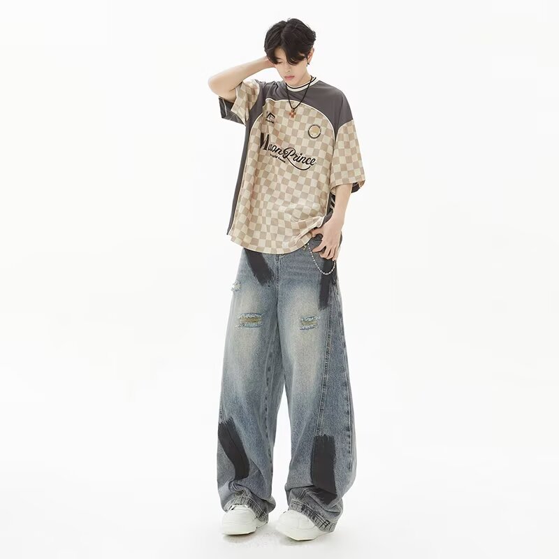 JN||美式复古水洗破洞阔腿牛仔裤男春秋设计感宽松擦黑脏脏拖地裤