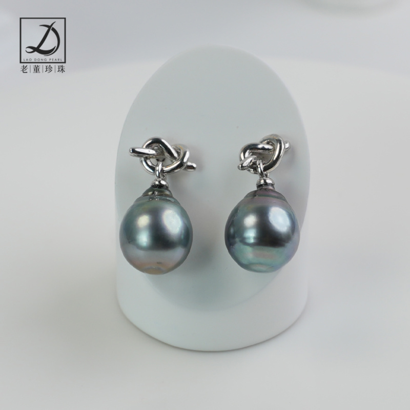 S925银大溪地海水珍珠螺纹珠桃心耳坠