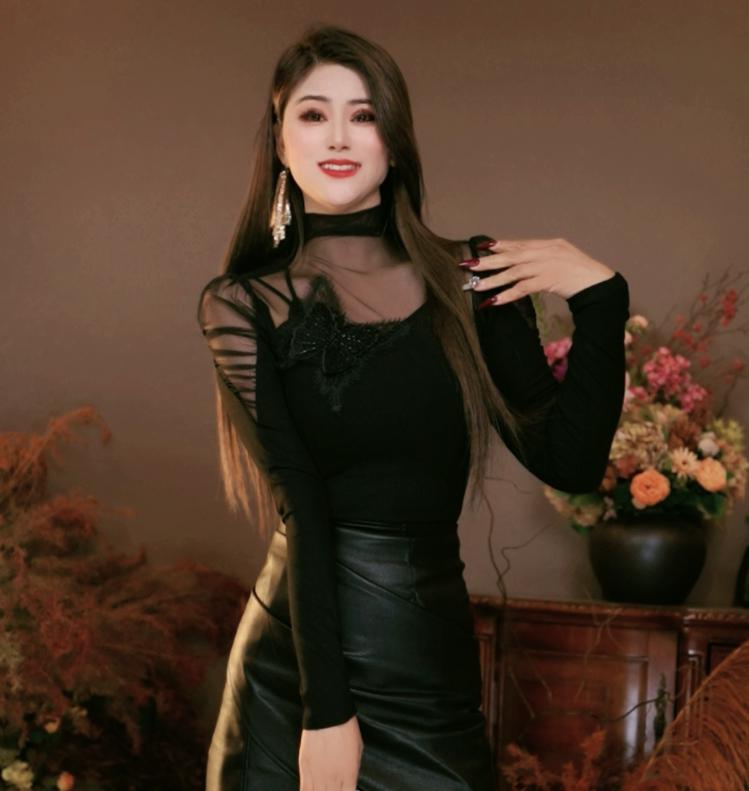 吴依1206冬季新款加绒半高领修身拼接网纱加绒打底衫时尚保暖上衣