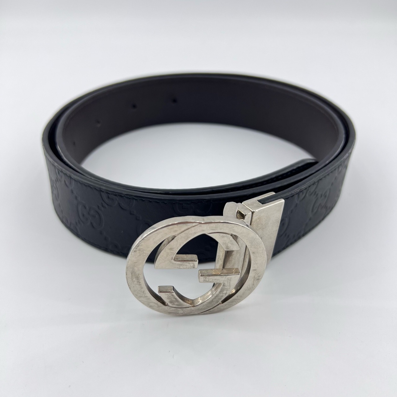 95新 GUCCI/古驰 经典双G银扣压纹LOGO皮革腰带/12224851