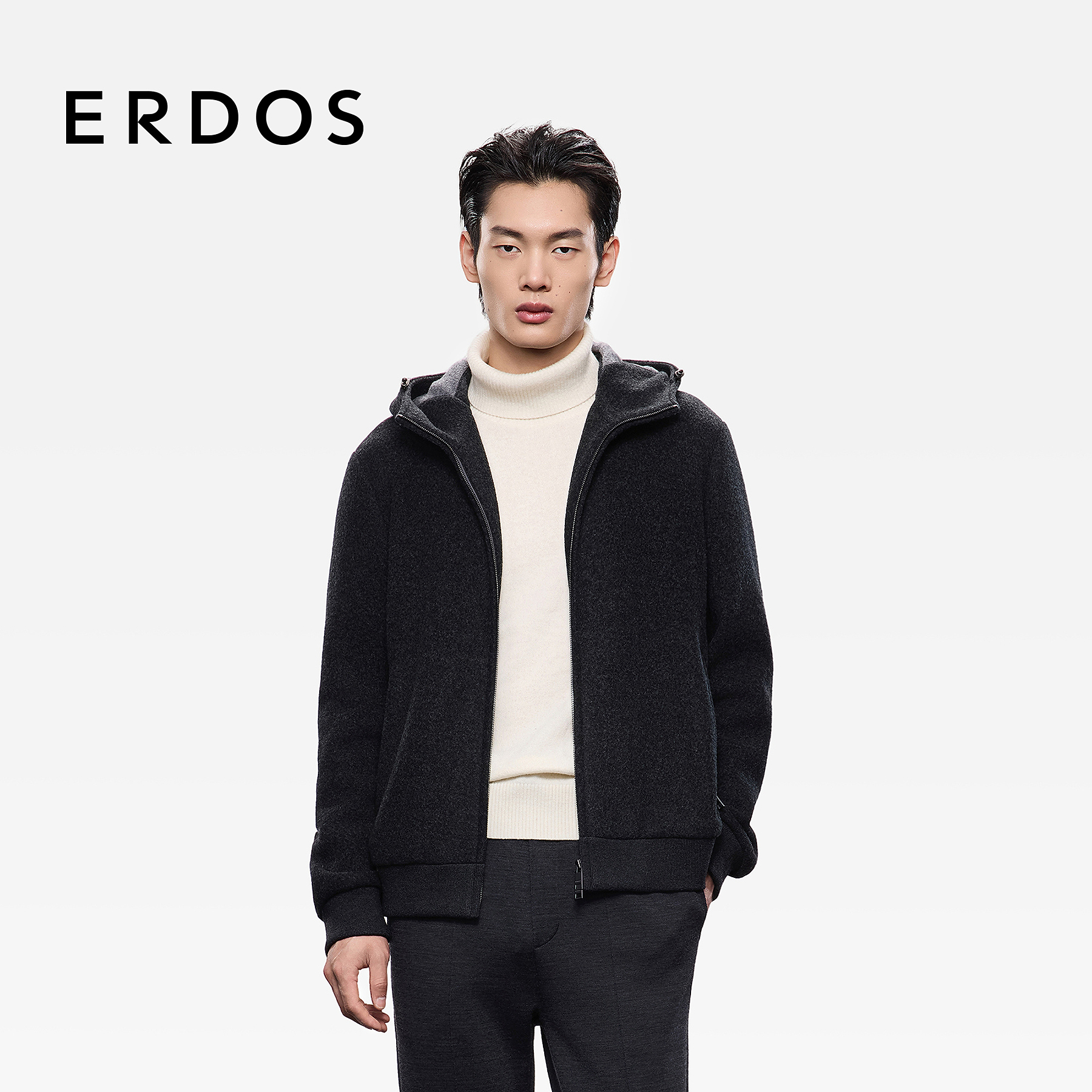 ERDOS 25年早秋男装半精纺双面毛呢外套新品轻运动保暖连帽夹克