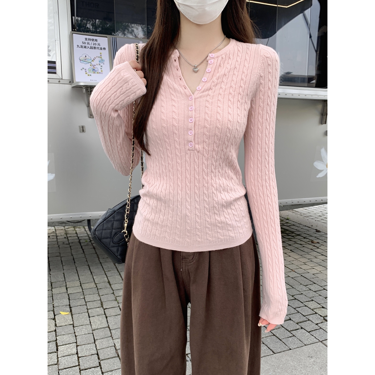 秋冬韩版麻花温柔百搭纽扣半开领安迪绒长袖内搭针织衫毛衣打底衫