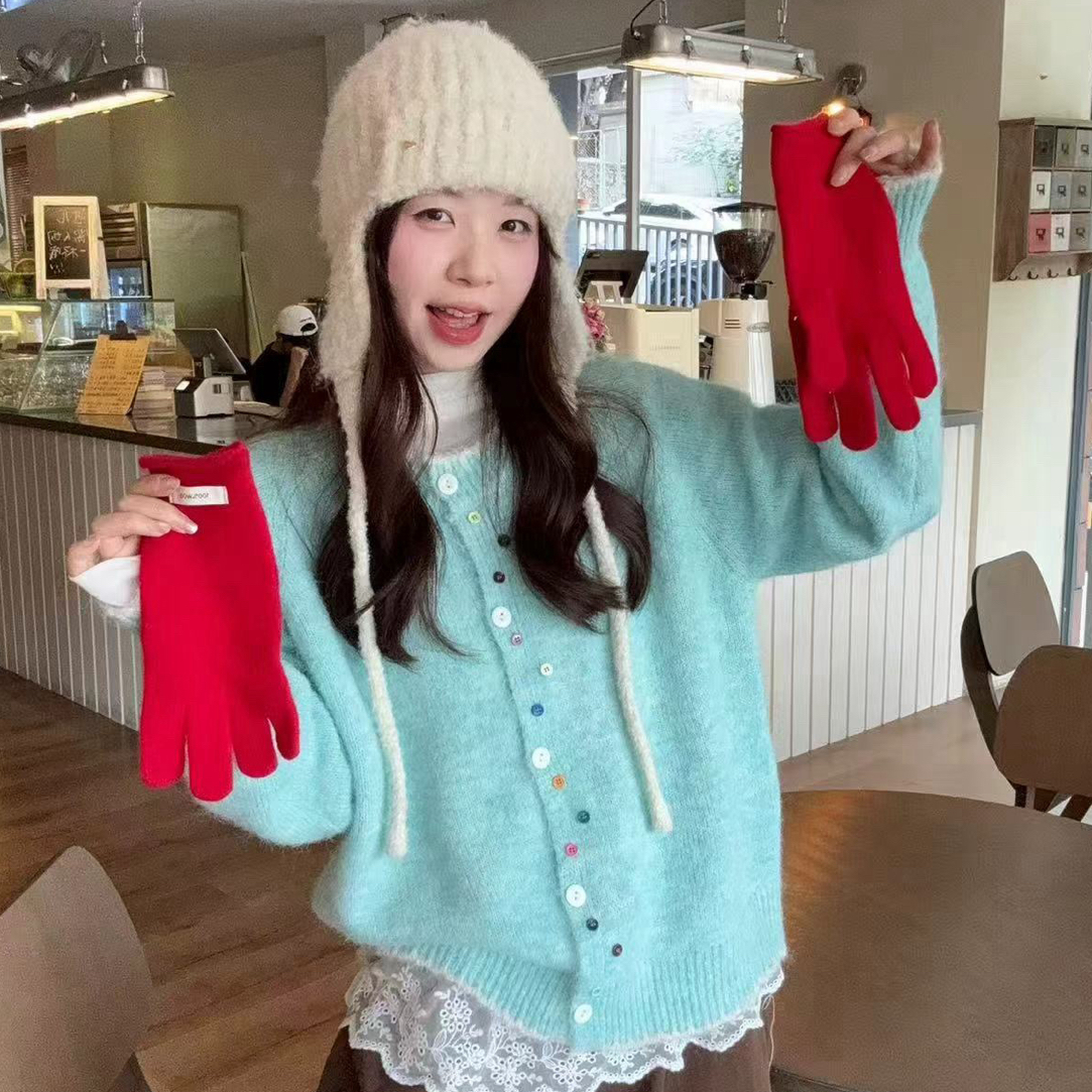 韩系复古彩色扣子针织开衫女秋季新款设计感小众百搭软糯毛衣外套