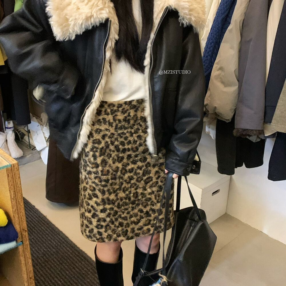 复古豹纹毛呢半身裙女秋冬季韩版时尚辣妹风气质显瘦百搭中长裙