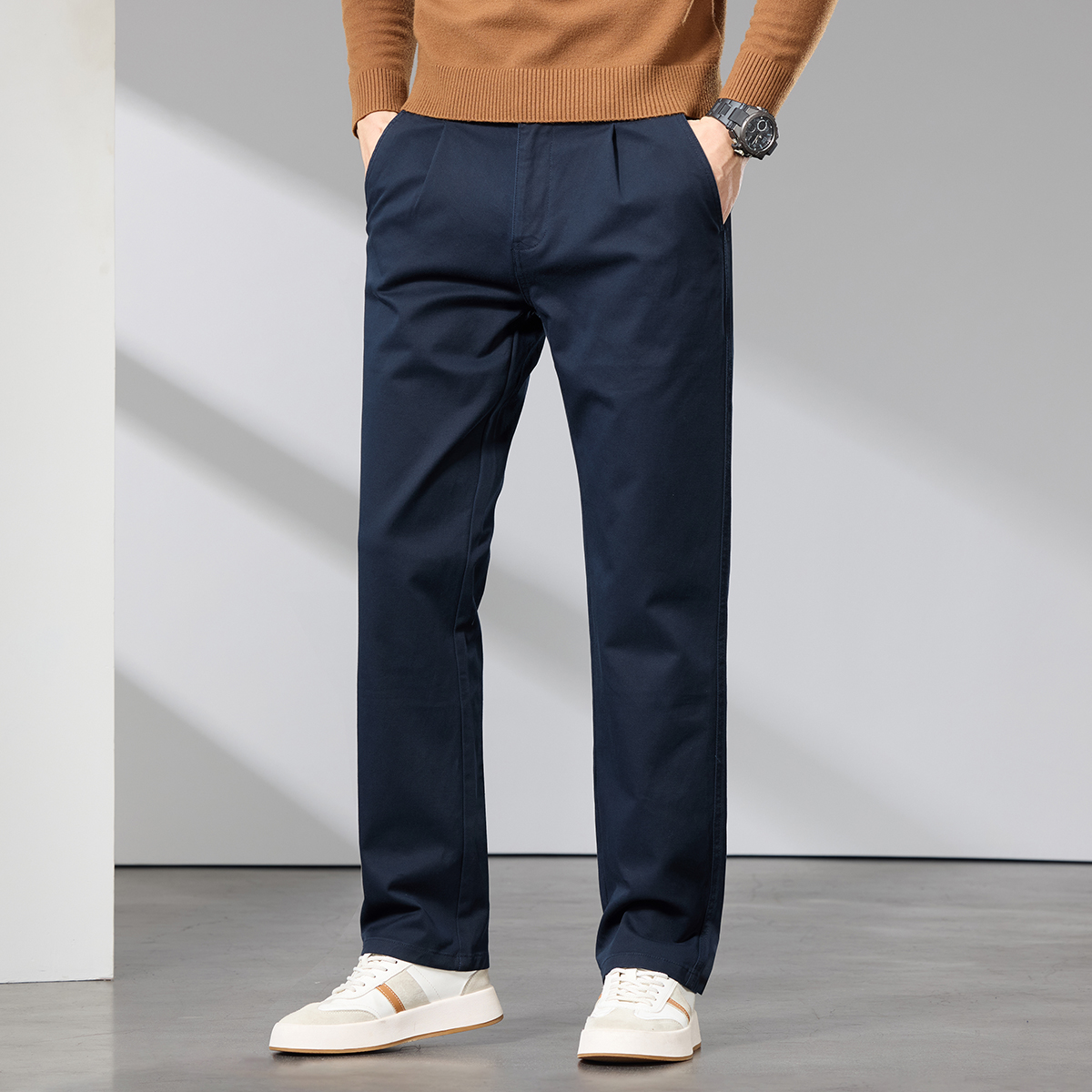 男装长裤秋冬季厚款纯棉弹力松紧腰休闲裤男士宽松时尚百搭直筒裤
