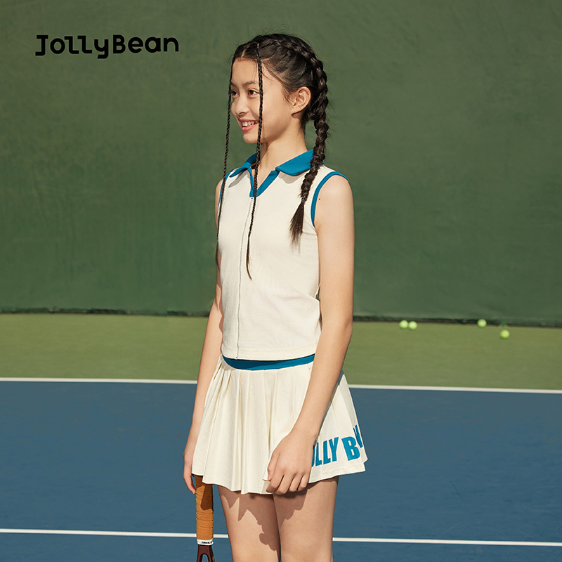 Jollybean女童复古拼色方领25夏新款网球背心polo领百褶裙套装