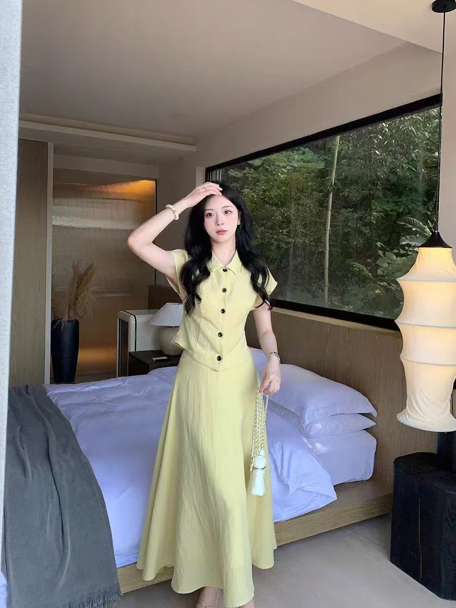 042#套装女夏高级气质短袖衬衫上衣a字高腰半身裙两件套（衣47裙83