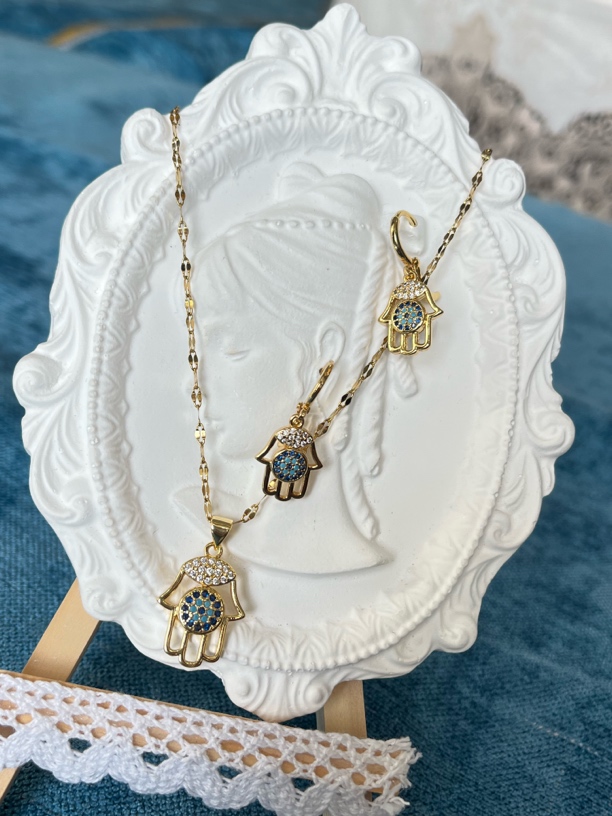 铜合金项链 眼睛手掌吊坠项链耳环两件套