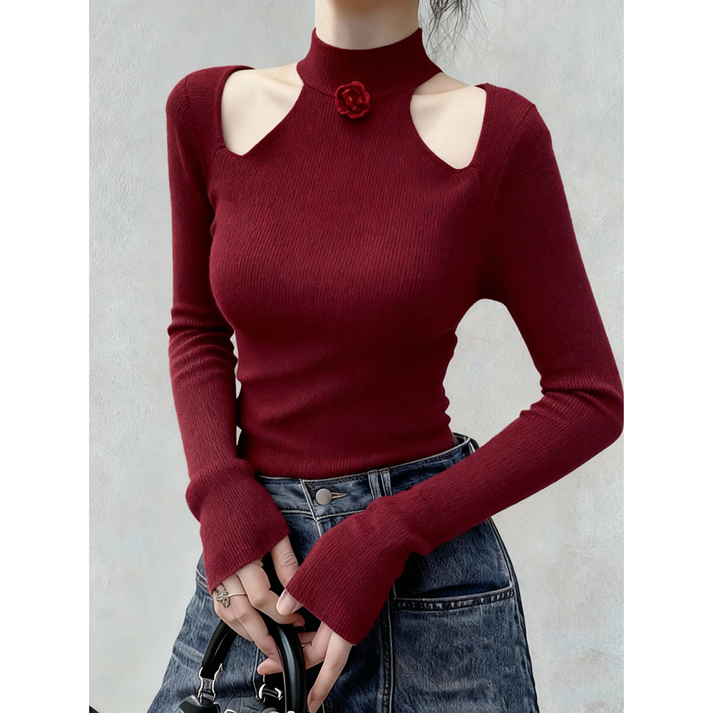 气质名媛红色露肩上衣女2025秋冬轻奢高级感立体花朵镂空打底毛衣