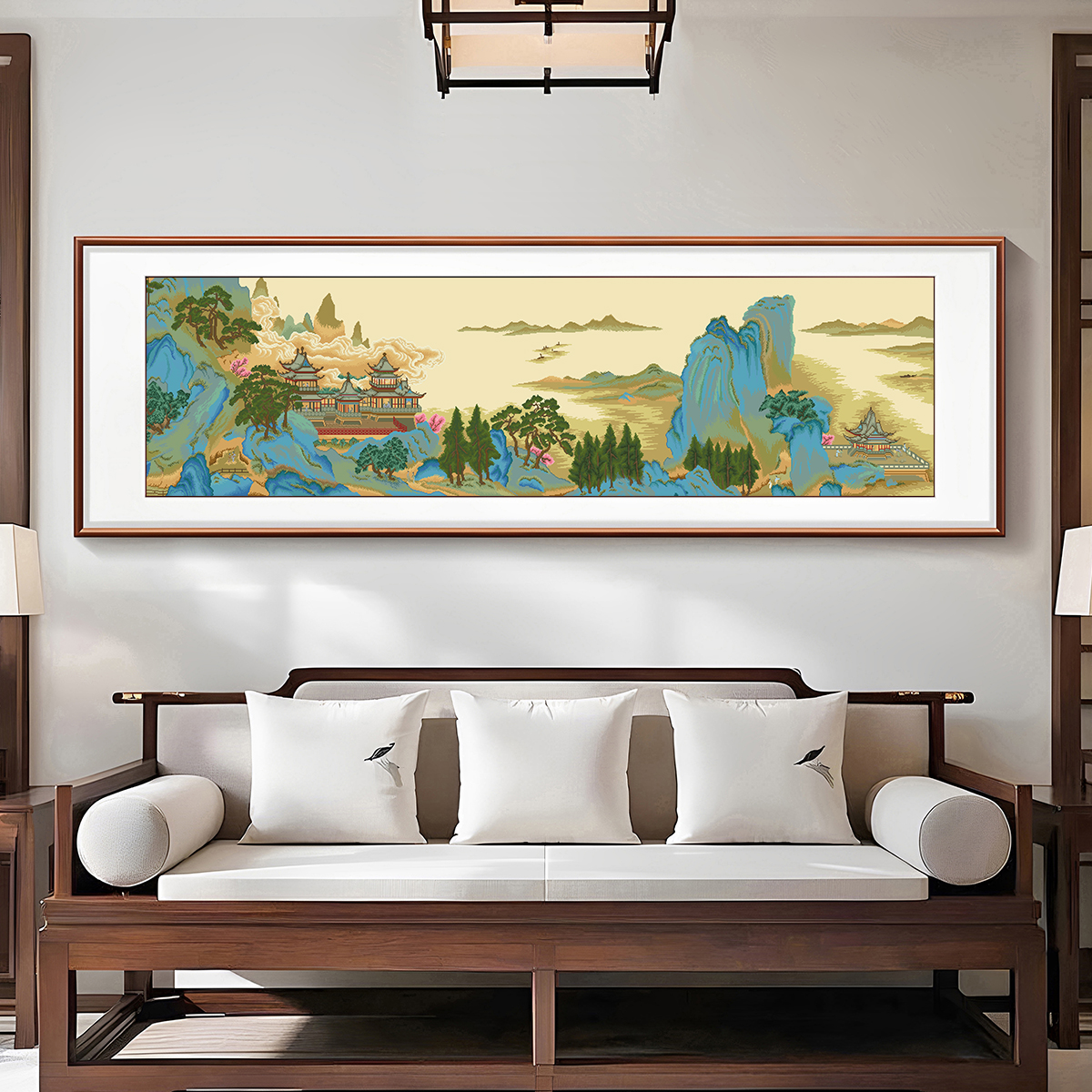 芊虹秀苓岩绮阁十字绣2025新款高端客厅大气风景山水名画手工刺绣