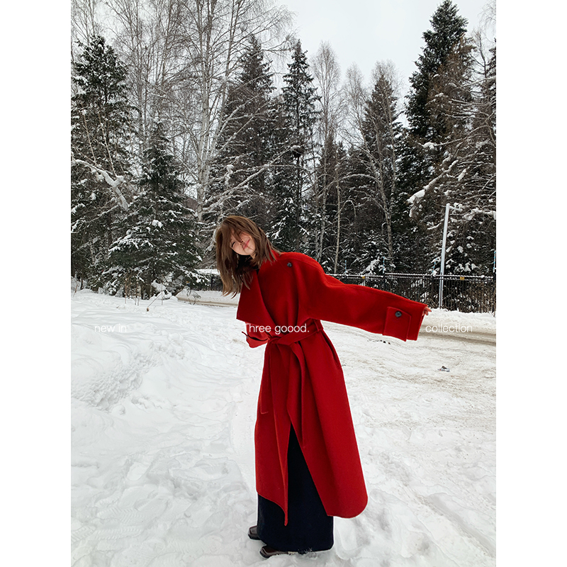 THREE GOOOD/三吉绯衣落雪大翻领长款廓形双面呢大衣Y725Z16110-1