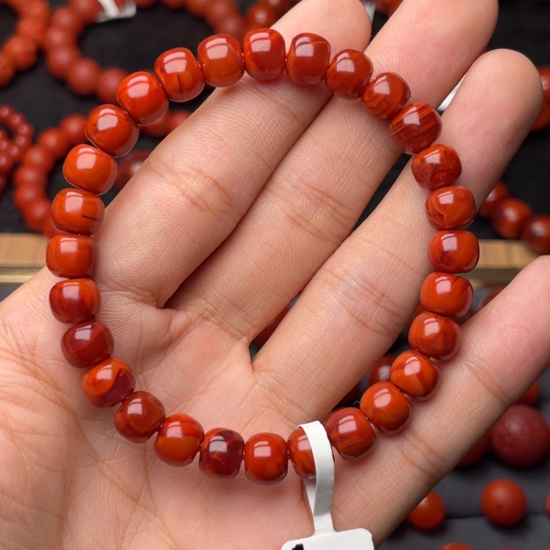 南红玛瑙未镶嵌手串H8.3mm收藏满肉牛血火焰老型手串