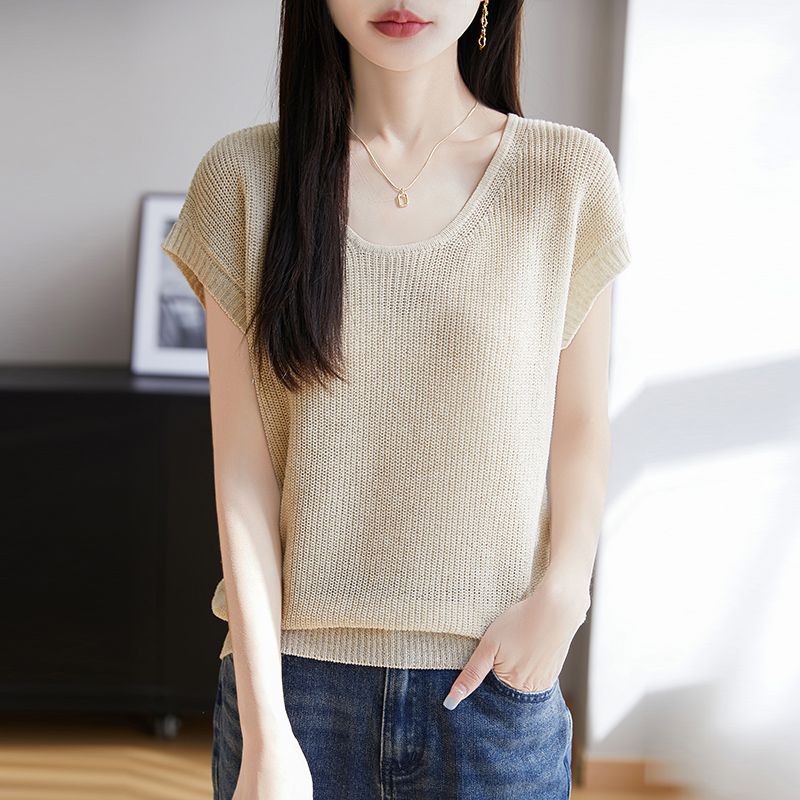 羊范轻薄透气高端小飞袖T恤女士2025夏季莱赛尔亚麻百搭无袖小衫