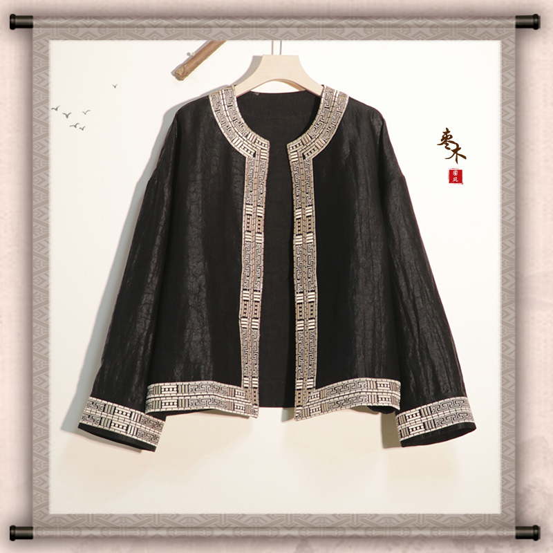枣木  100%桑蚕丝香云纱龟纹老料重工长袖国风外套黑色