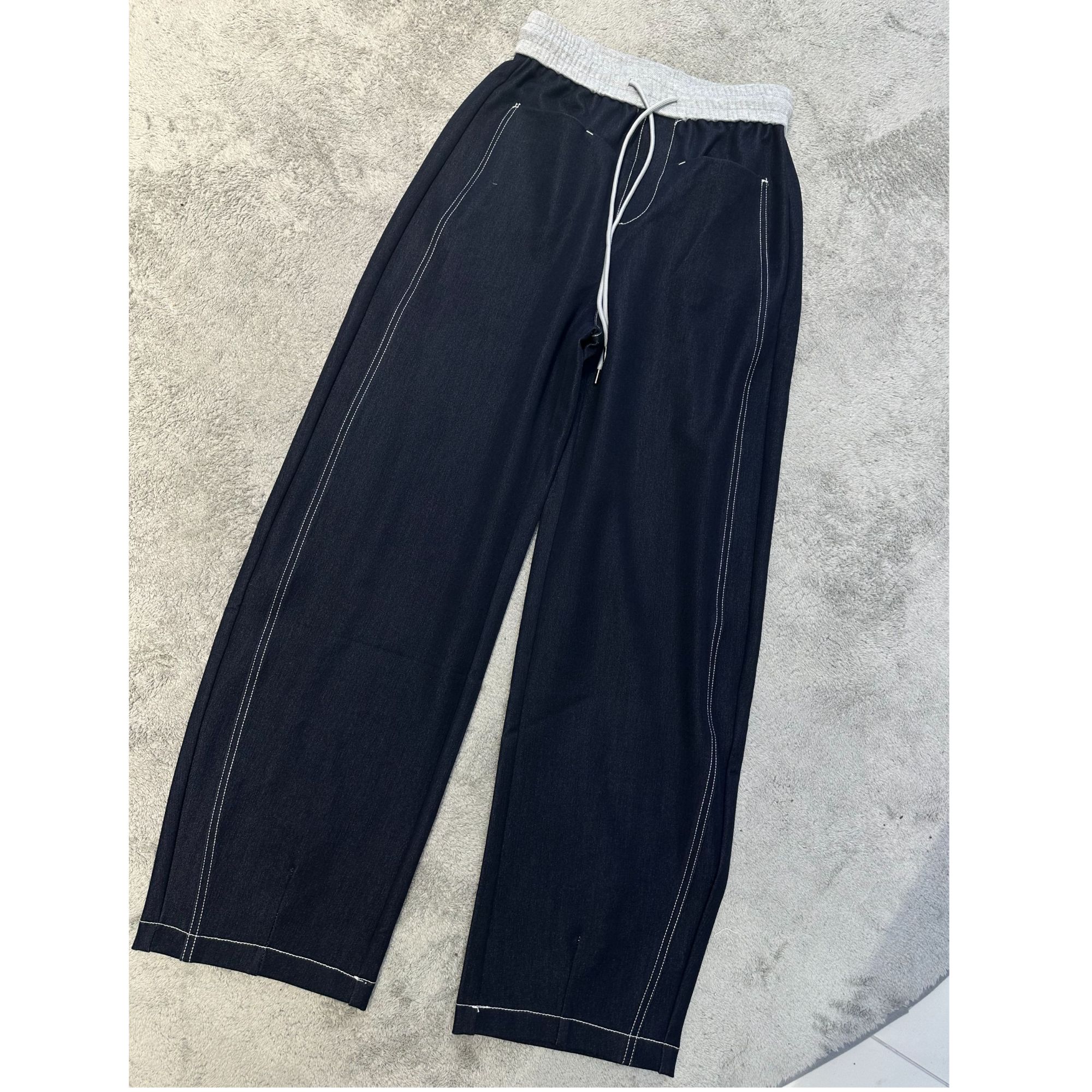 7373系带拼色百搭直筒休闲牛仔裤