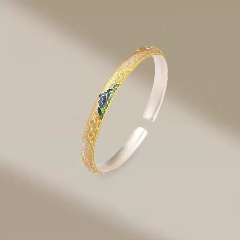 足银手镯 D18珐琅千里江山手镯开口款