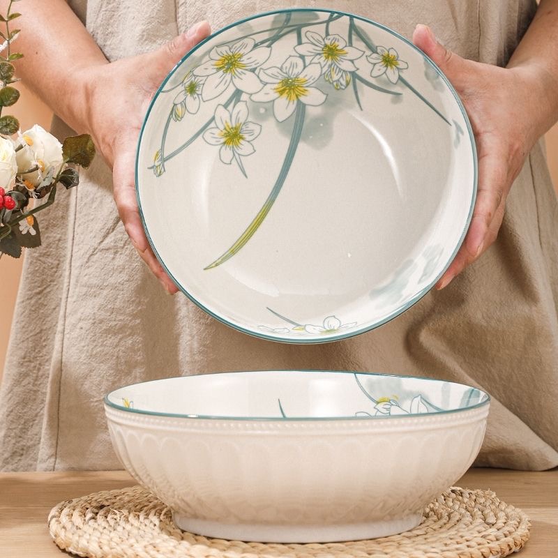 家庭专用餐具水仙花大碗23cm，高颜值餐具菜碗家用，野餐餐具