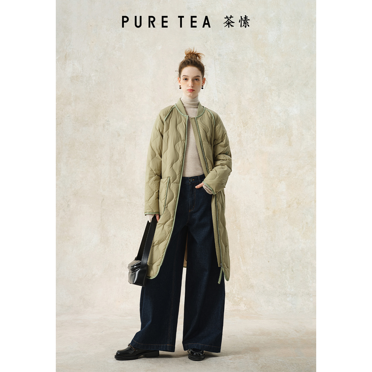 PURE TEA/茶·愫【菱格绗缝】立领中长款羽绒服女口袋面包服2024冬新