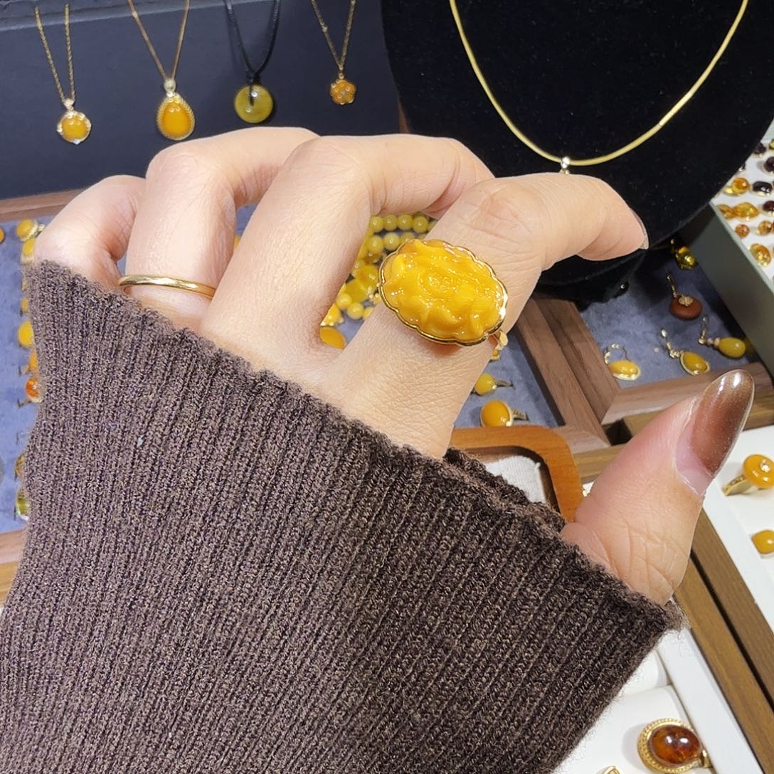 琥珀银S925镀金镶嵌戒指