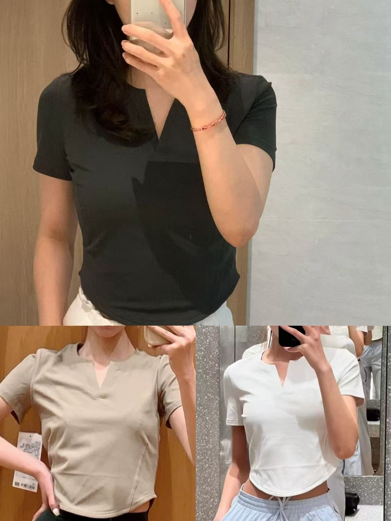 Ribbed V领螺纹短袖运动休闲