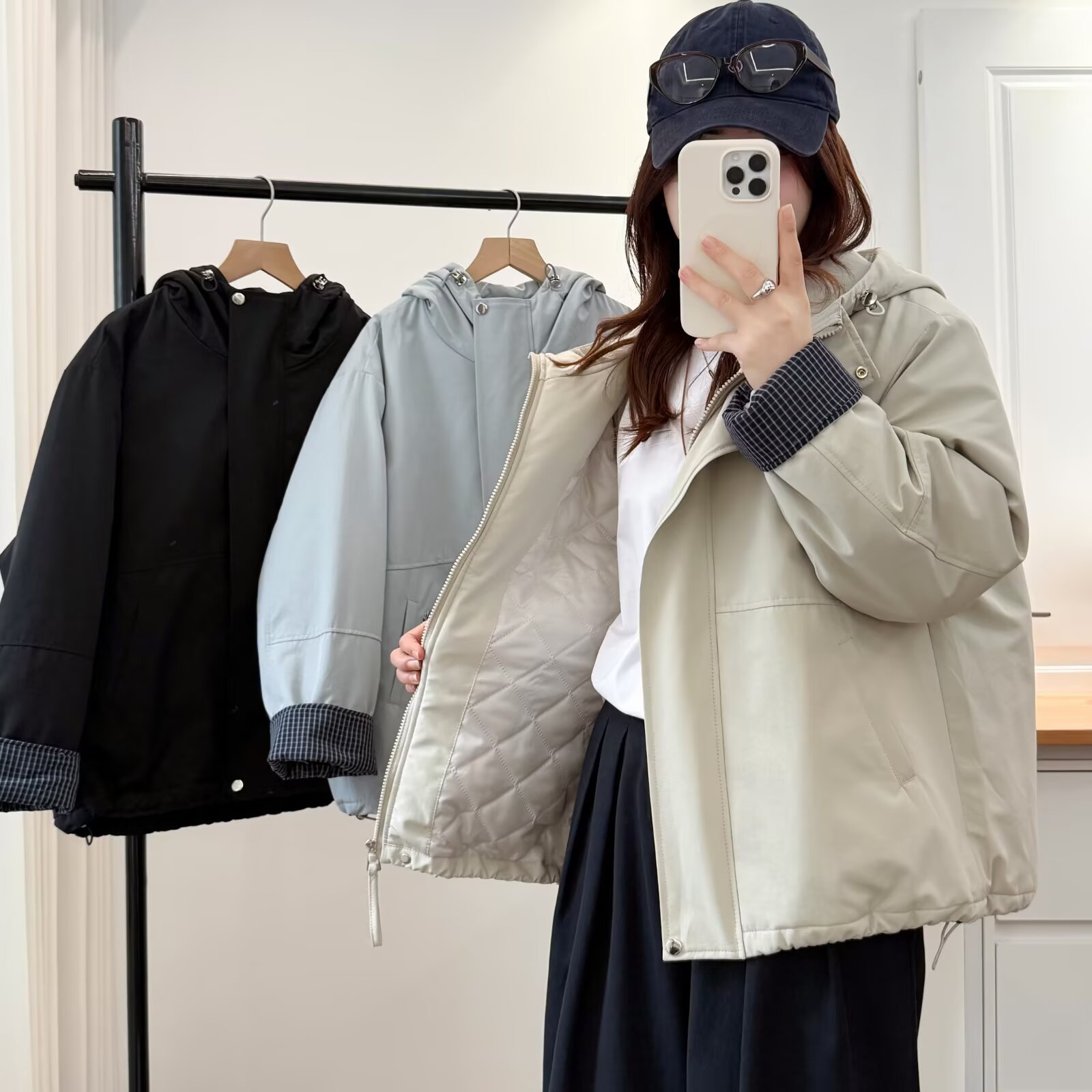 微胖大码女装加厚保暖拼接连帽厚款棉衣棉服秋冬连帽百搭棉袄