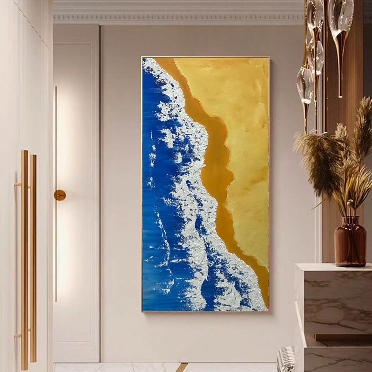 现代简约抽象客厅落地画玄关肌理装饰画简约立体感海浪沙滩挂画