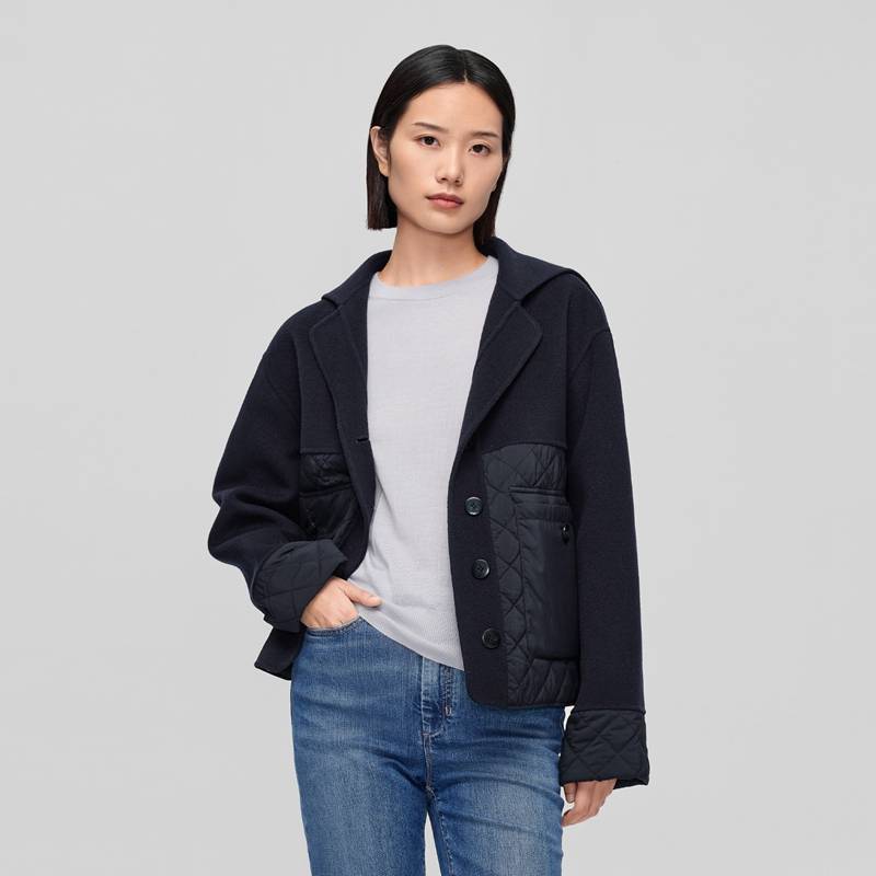 OVV秋冬新款女装经典海军风翻领双面呢拼接短款薄棉服GWMAJ33102A