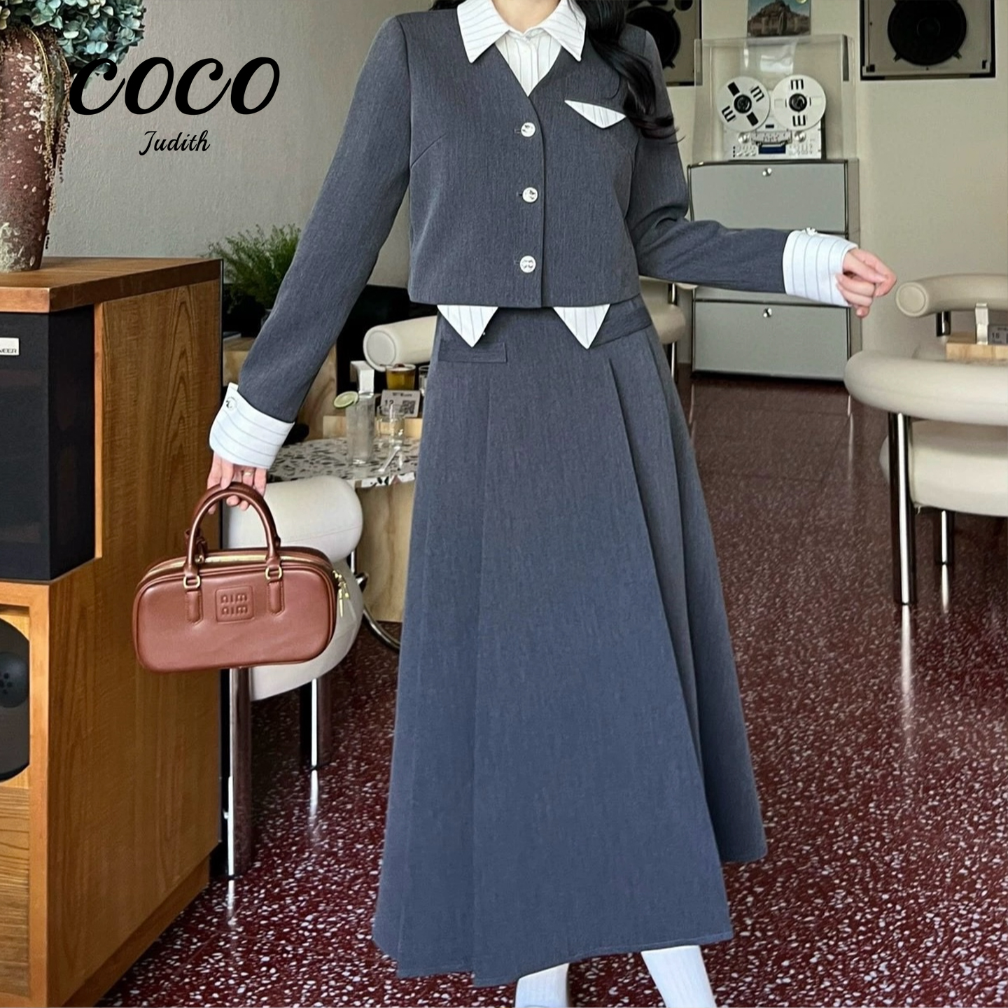 现货【RG2712】学院套装2025年新款翻领假两件外套气质半身裙两件套