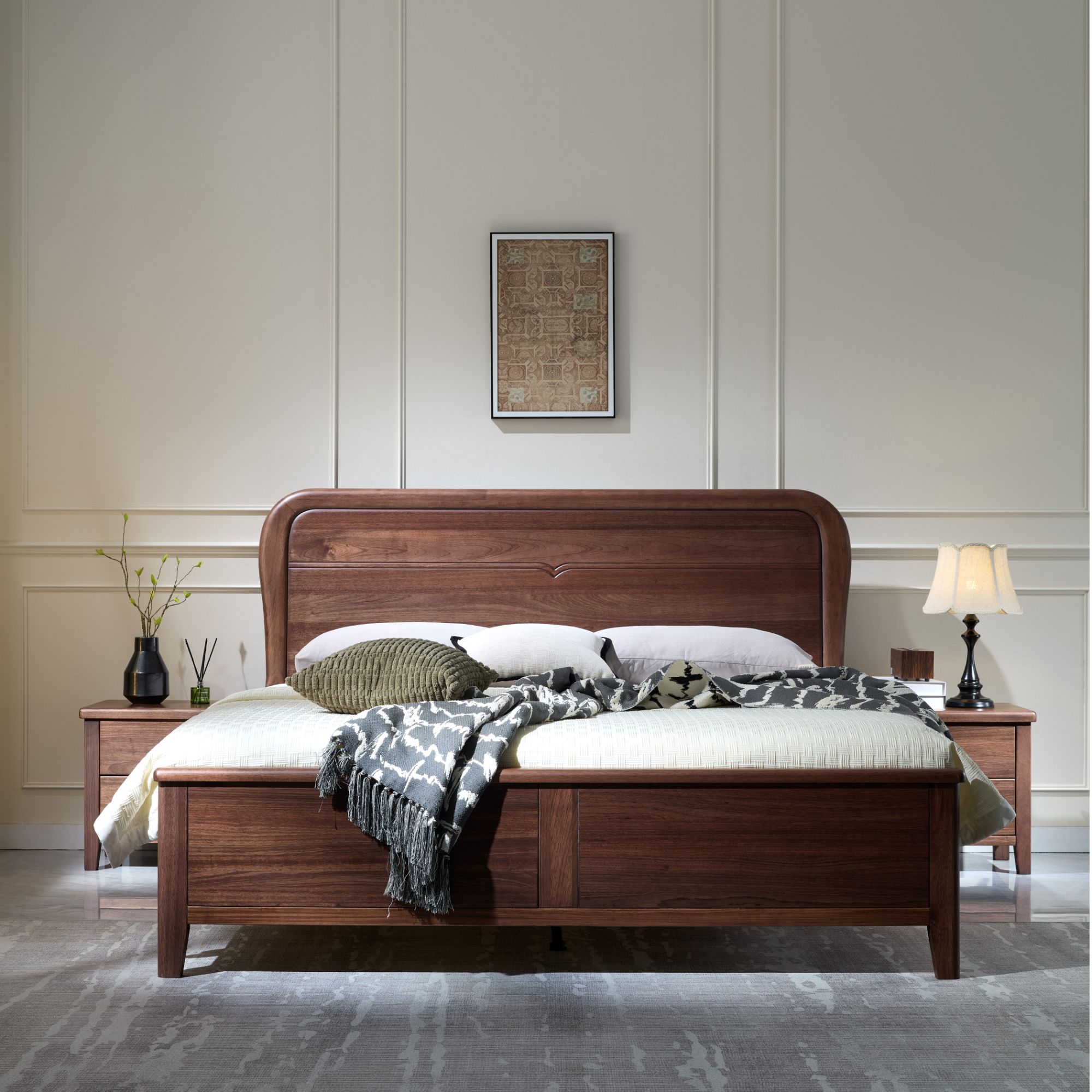 北美黑胡桃主卧大床新中式极简全实木双人床婚床带储物1.8米