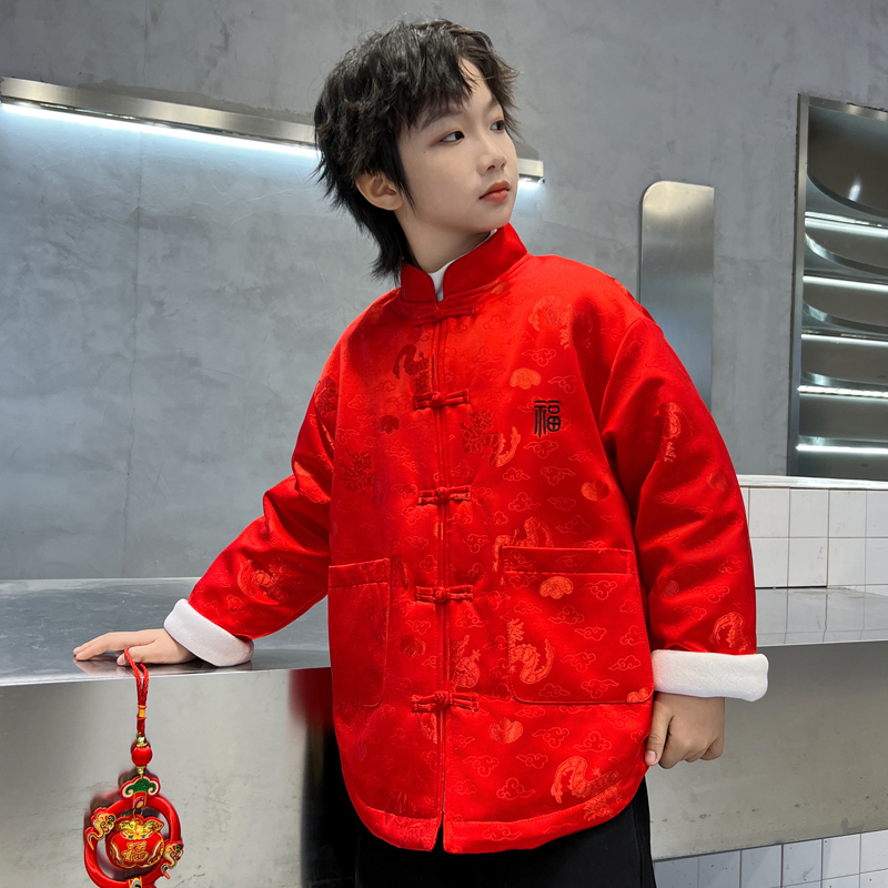 男童拜年服2025新款中大儿童蛇年本命年红色外套冬季新年衣服唐装
