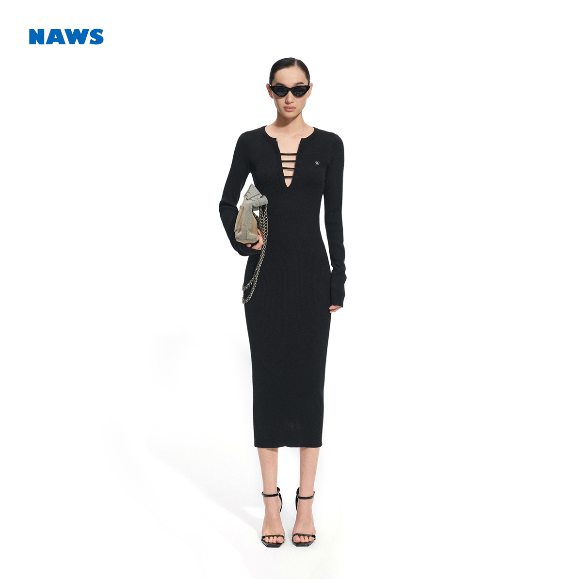 NAWS 恒迹连衣裙 深V领设计紧身弹力收腰长袖裙子