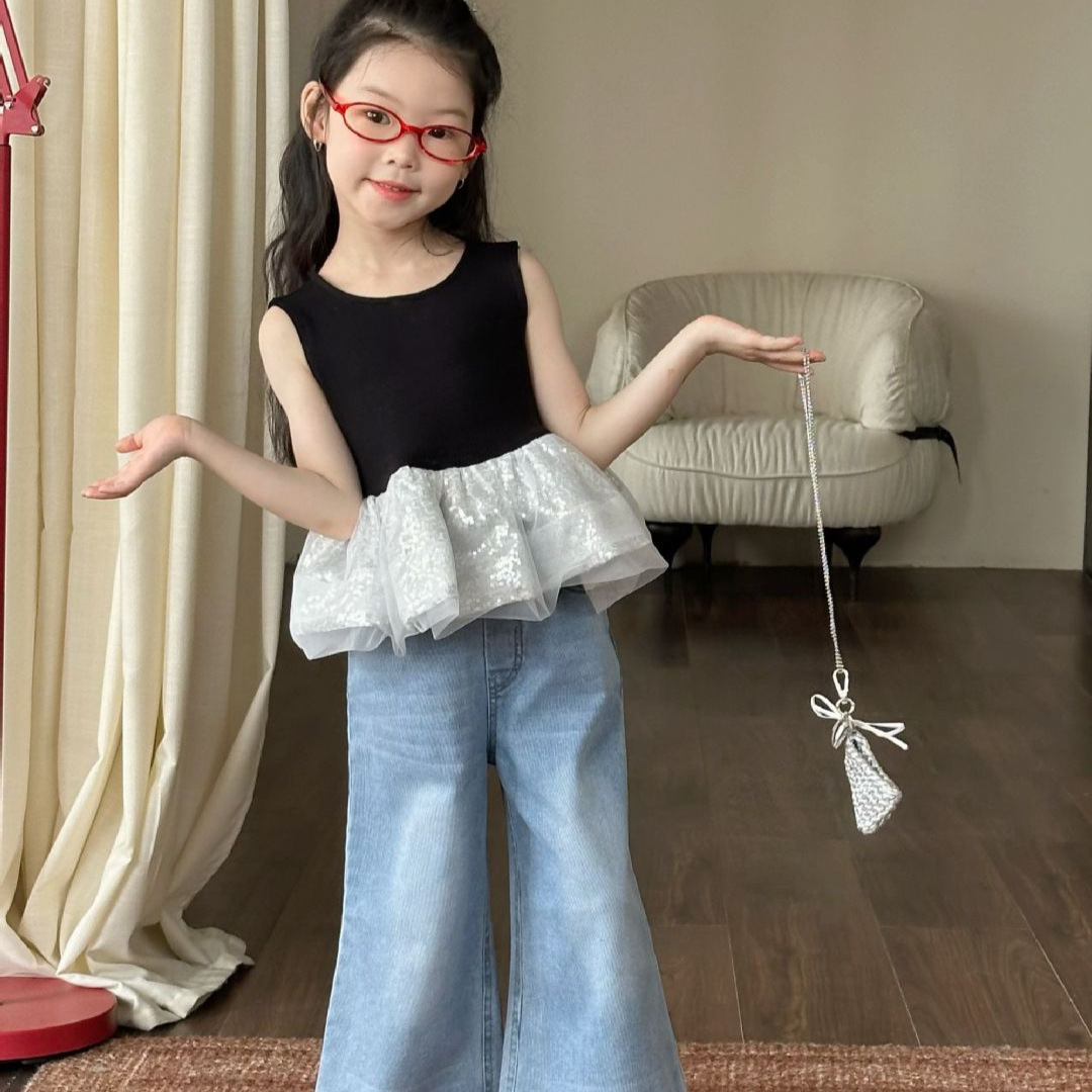 一杯奶茶·背心拼接亮片裙摆 时尚背心上衣